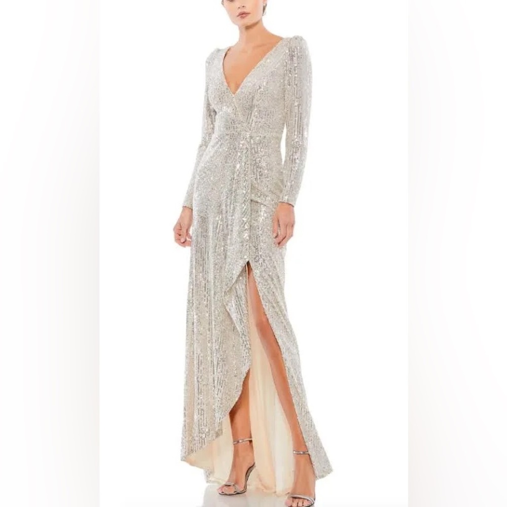 Mac Duggal Silver Sequin Wrap Evening Maxi Gown Dress 26395